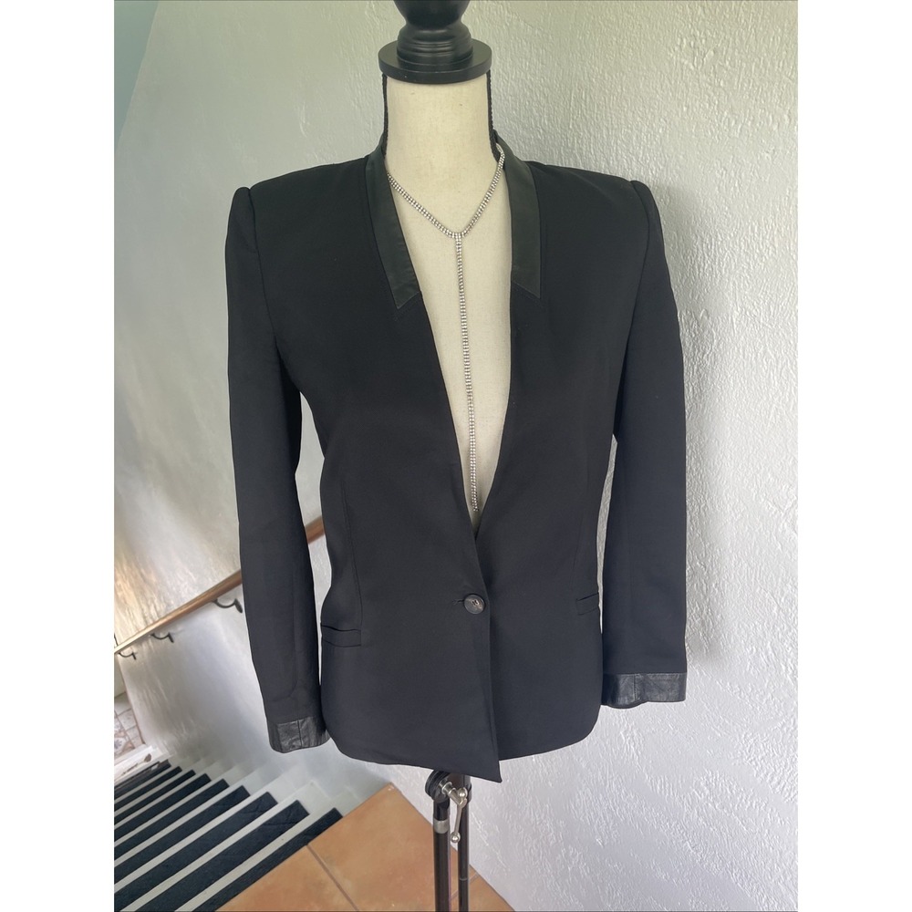 Helmut Lang Black Silk Blend Lamb Leather Trim Blazer Jacket Size 6 One Button